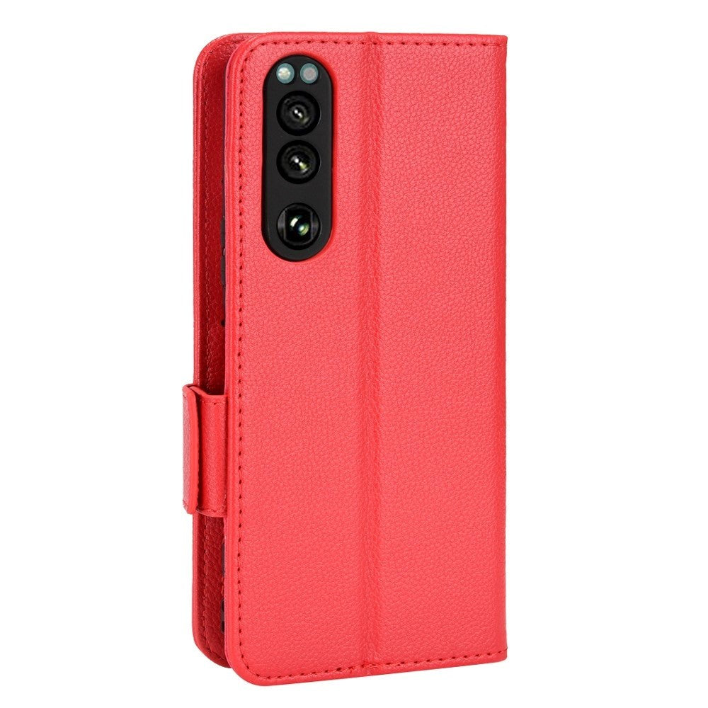 Sony Xperia 5 IV PU Litchi Læder Flip Cover m. Pung - Rød