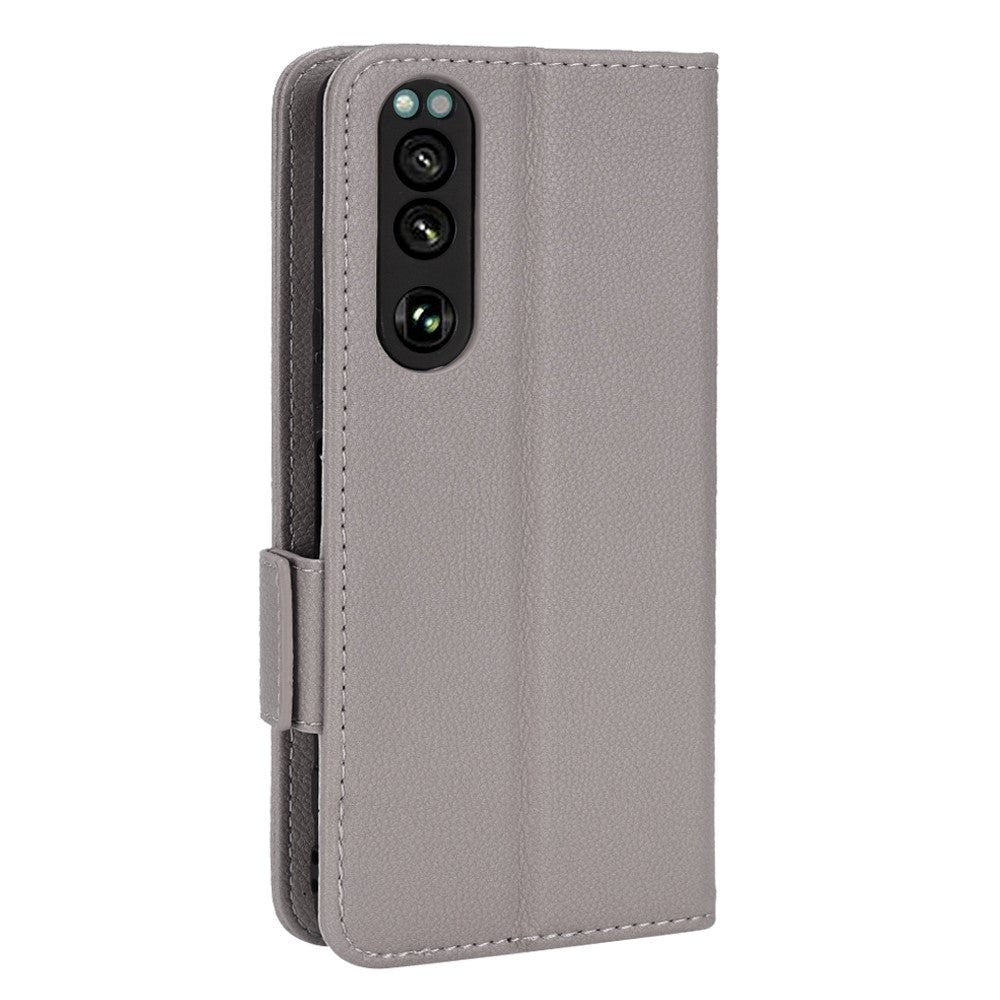 Sony Xperia 5 IV PU Litchi Læder Flip Cover m. Pung - Grå