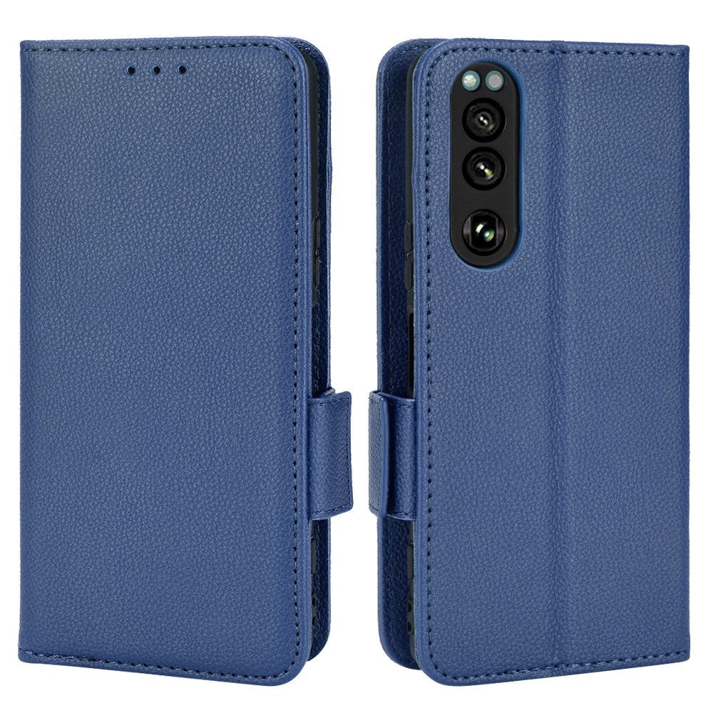 Sony Xperia 5 IV PU Litchi Læder Flip Cover m. Pung - Mørk Blå