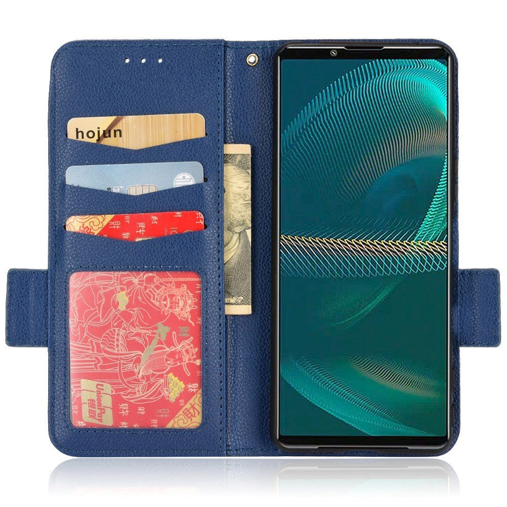 Sony Xperia 5 IV PU Litchi Læder Flip Cover m. Pung - Mørk Blå