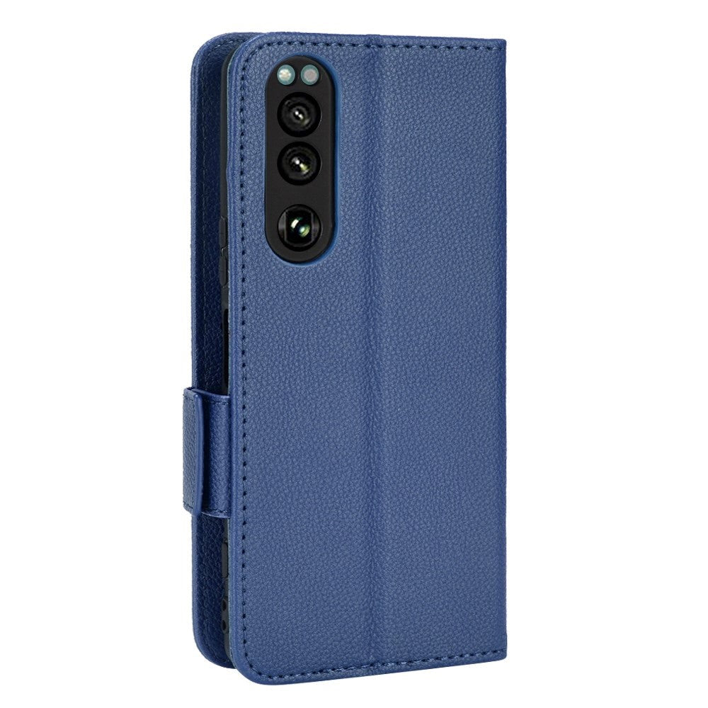 Sony Xperia 5 IV PU Litchi Læder Flip Cover m. Pung - Mørk Blå