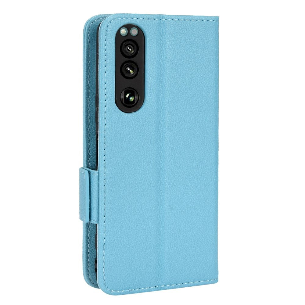 Sony Xperia 5 IV PU Litchi Læder Flip Cover m. Pung - Blå