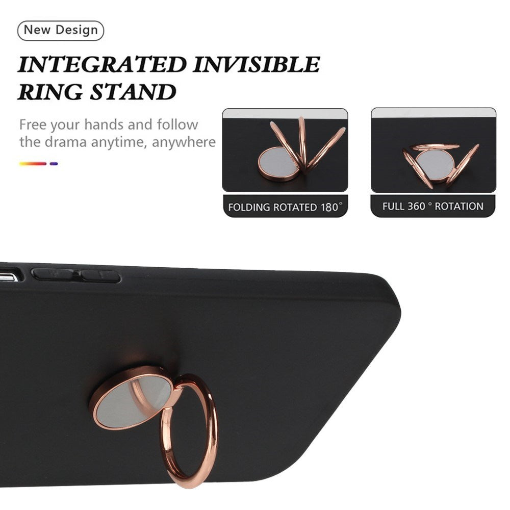 EIDERWOOD Samsung Galaxy S24 FE Fleksibelt Plastik Bagside Cover m. Magnetisk Ring Kickstand - Sort m. Rose Gold Ring