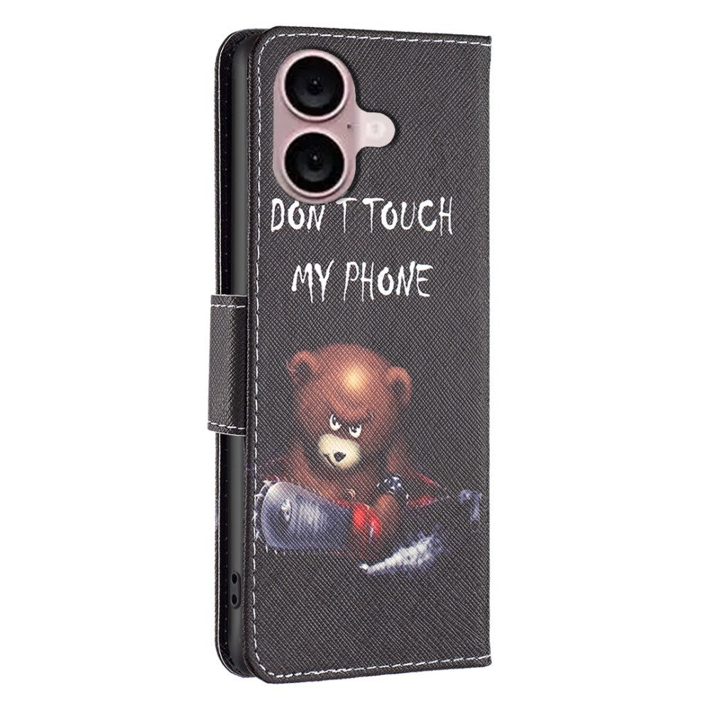 EIDERWOOD iPhone 16 Læder Flip Cover m. Pung & Ståfunktion - "Don't Touch My Phone" - Bjørn