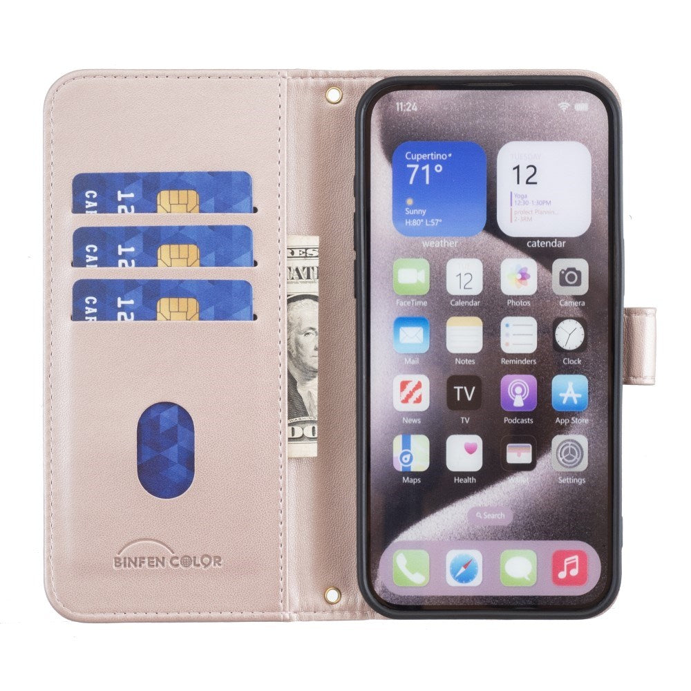 iPhone 16 Pro Ternet Læder Flip Mobil Cover m. Pung & Strop - Rose Gold