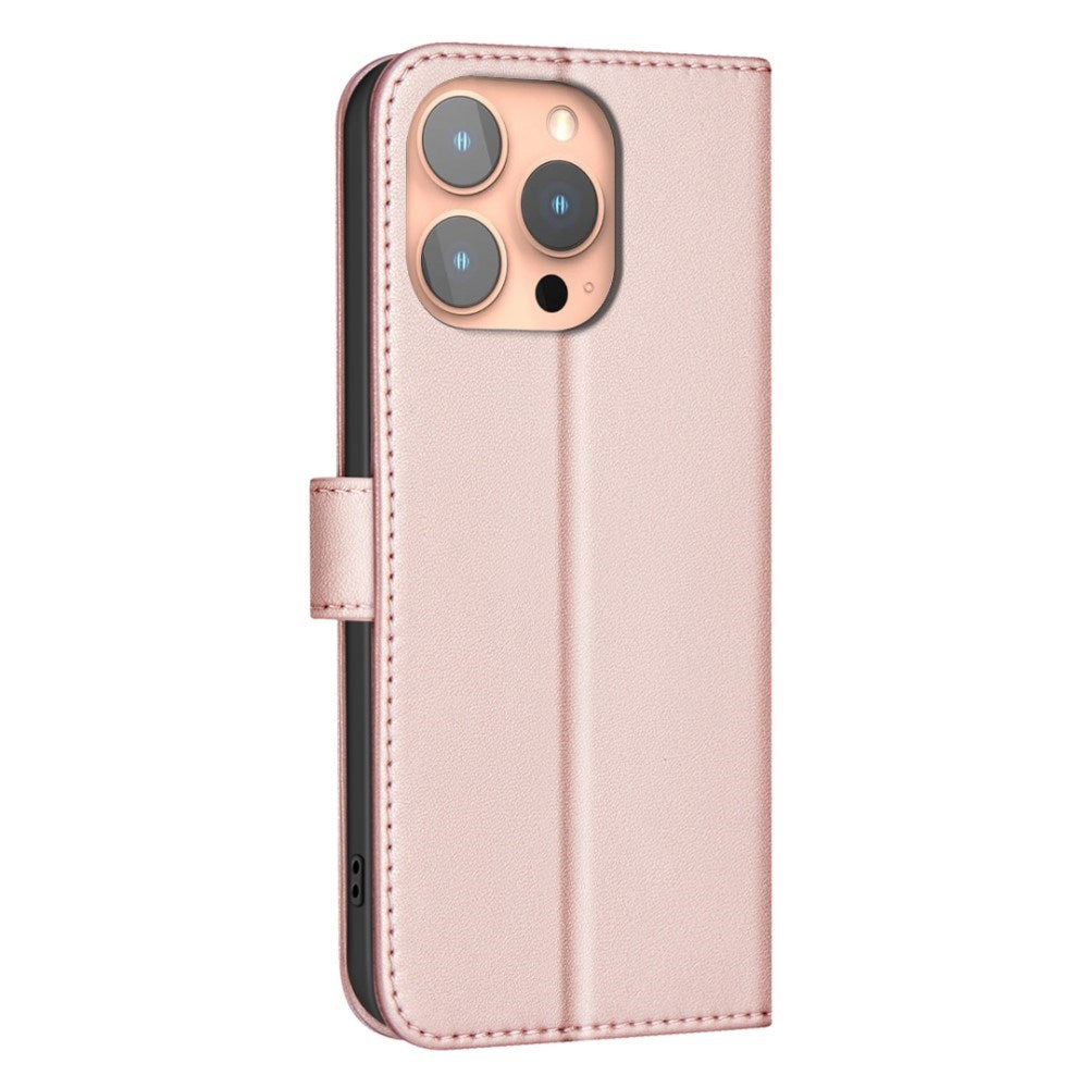 iPhone 16 Pro Ternet Læder Flip Mobil Cover m. Pung & Strop - Rose Gold