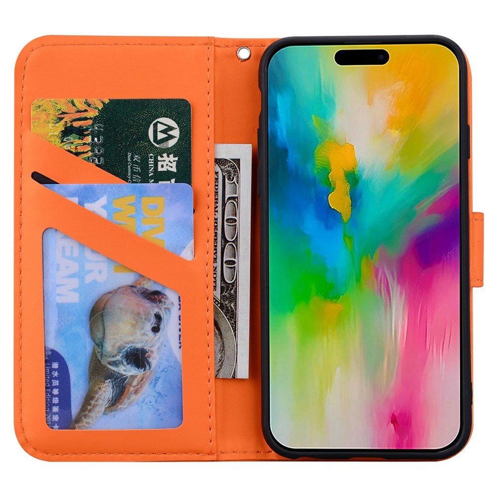iPhone 16 Pro Kunstlæder Flip Cover m. Figur & Ståfunktion - Orange