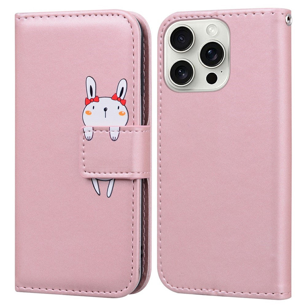 iPhone 16 Pro Kunstlæder Flip Cover m. Figur & Ståfunktion - Lyserød
