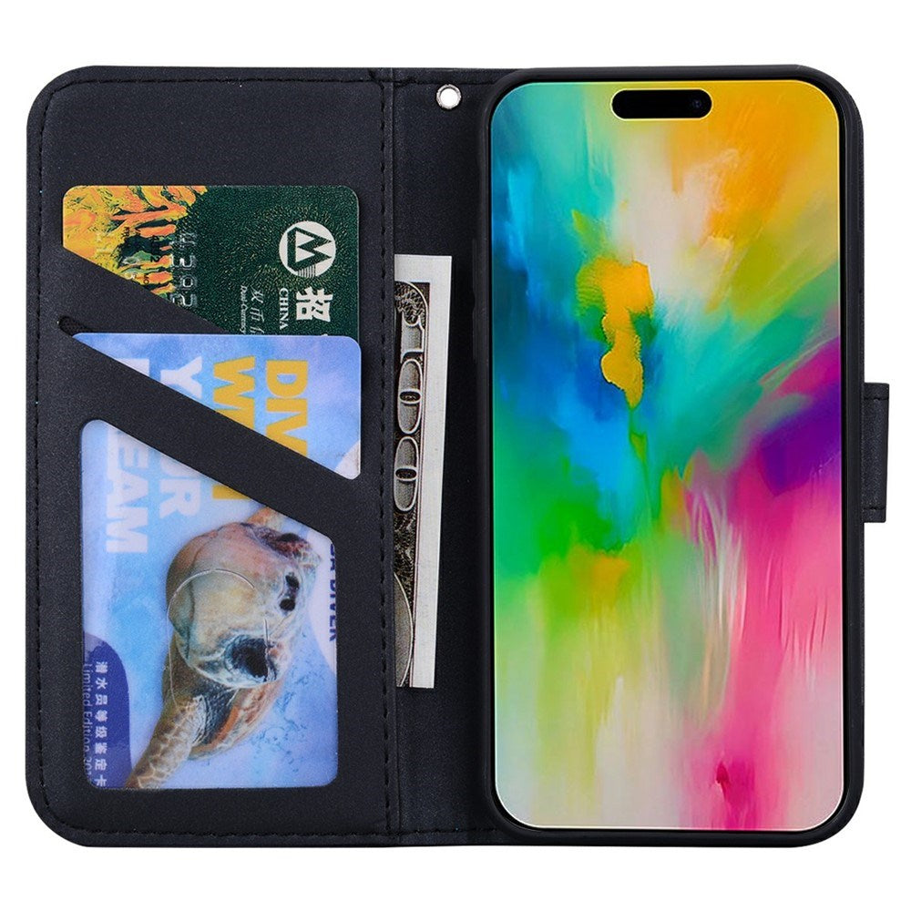 iPhone 16 Pro Kunstlæder Flip Cover m. Figur & Ståfunktion - Sort