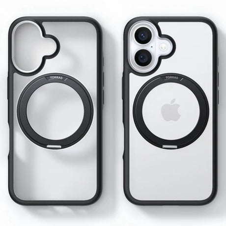 TORRAS - iPhone 16 - Hybrid Plastik Cover m. Roterbar Kickstand Ring - MagSafe Kompatibel - Gennemsigtig / Sort