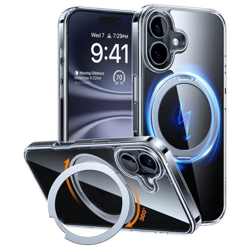 TORRAS - iPhone 16 - Fleksibelt Plastik Cover m. Ring Kickstand - MagSafe Kompatibel - Gennemsigtig
