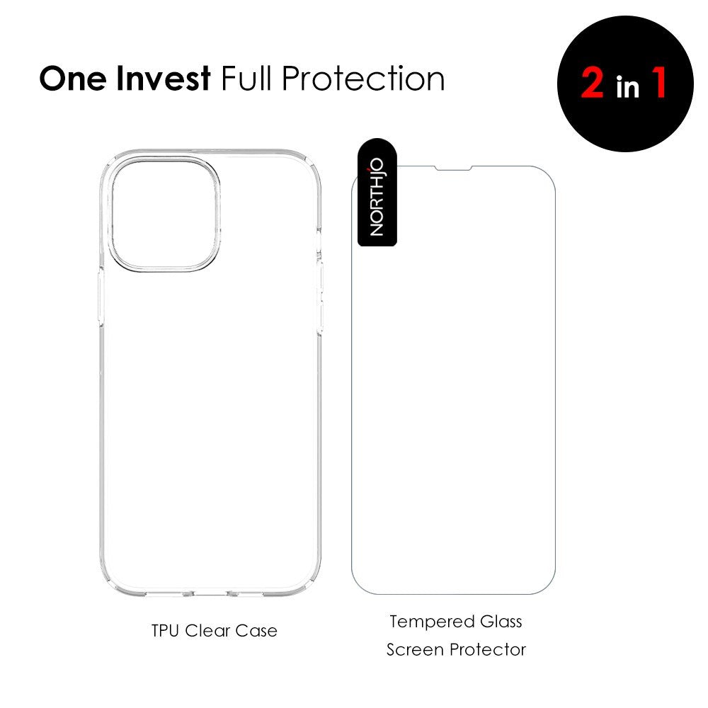 iPhone 14 NORTHJO Beskyttelsessæt - Fleksibelt Plastik Bagside Cover & Skærmbeskyttelsesglas - Gennemsigtig