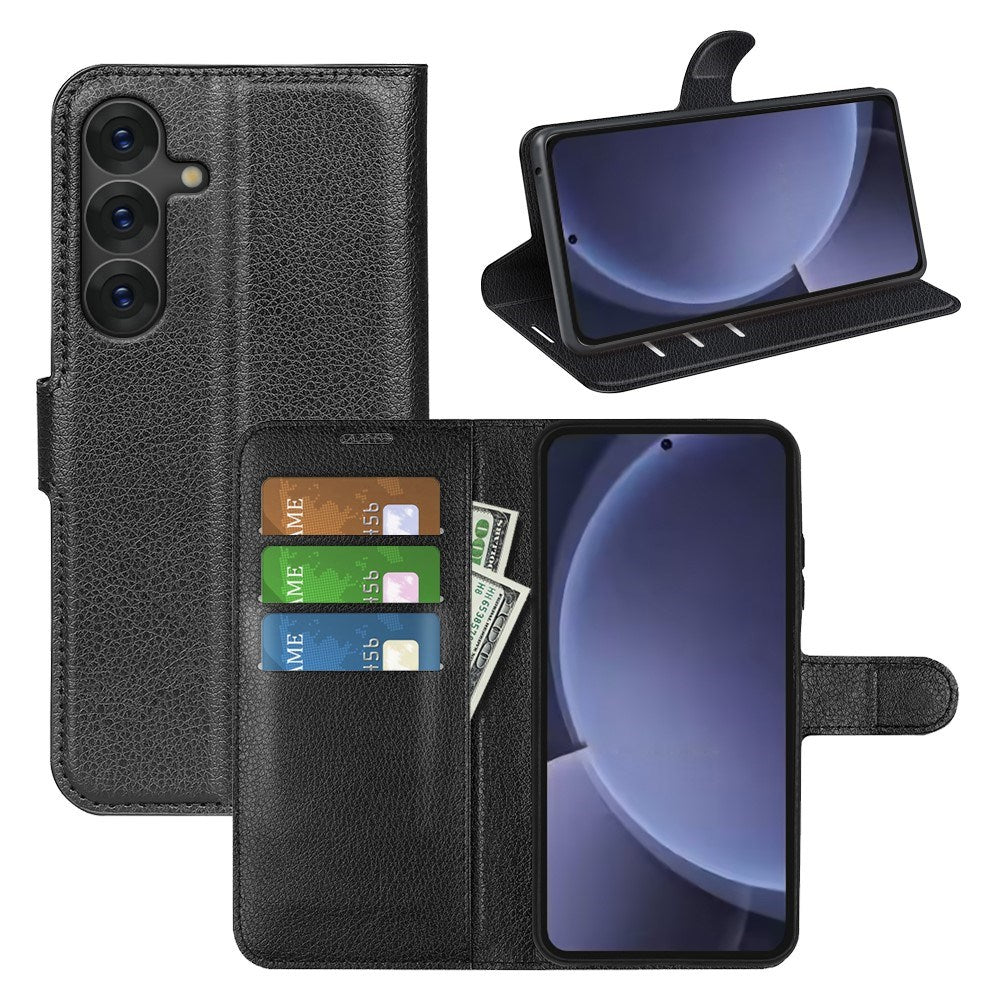 EIDERWOOD Samsung Galaxy S25+ (Plus) Stødresistent Læder Wallet Cover med Litchi Tekstur - Sort