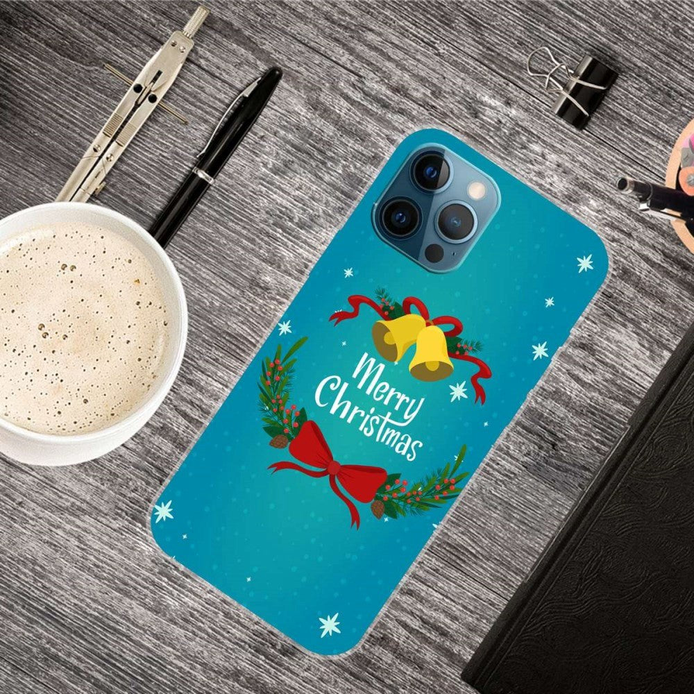 iPhone 14 Pro Fleksibelt Plast Jule Bagside Cover - Juleklokker og Mistelten