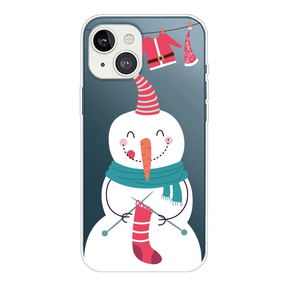 iPhone 14 Fleksibel Plastik Jule Bagside Cover - Snemand med Julesok