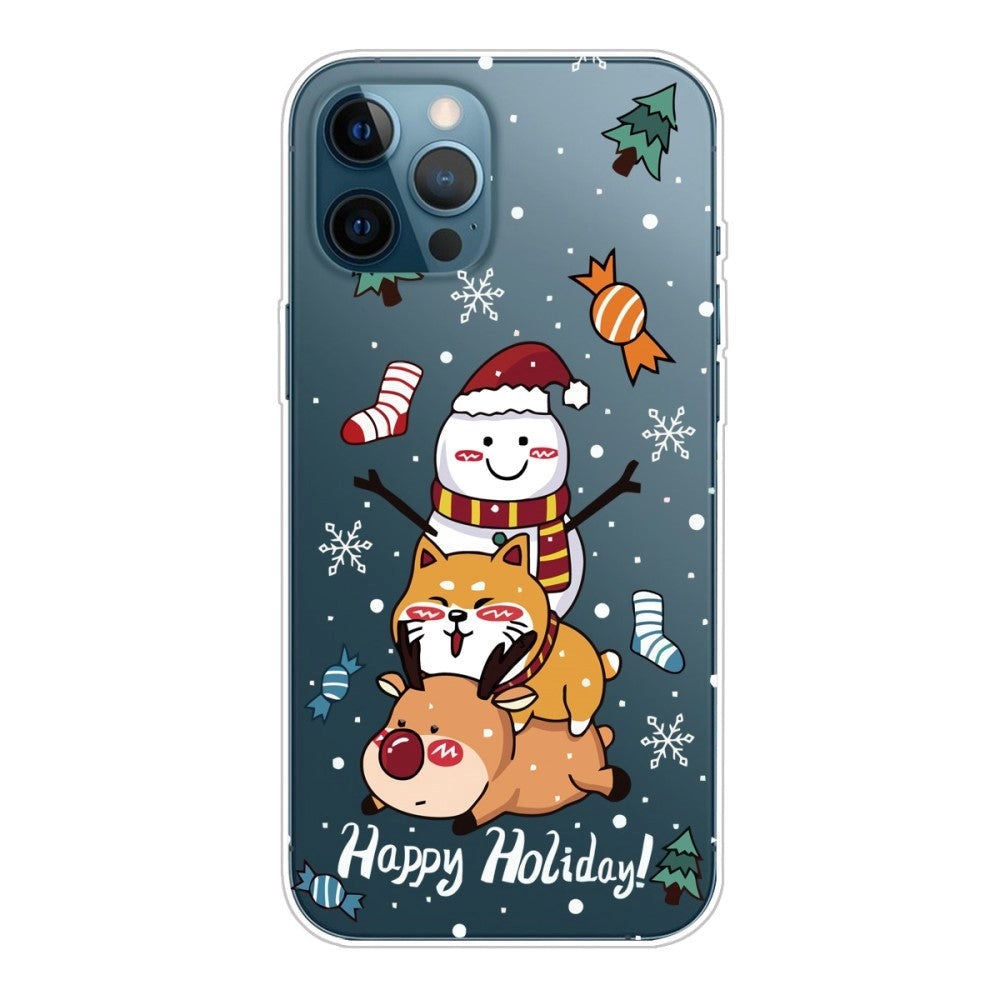iPhone 14 Pro Fleksibel Plastik Jule Bagside Cover - Snemand, Hund og Rensdyr