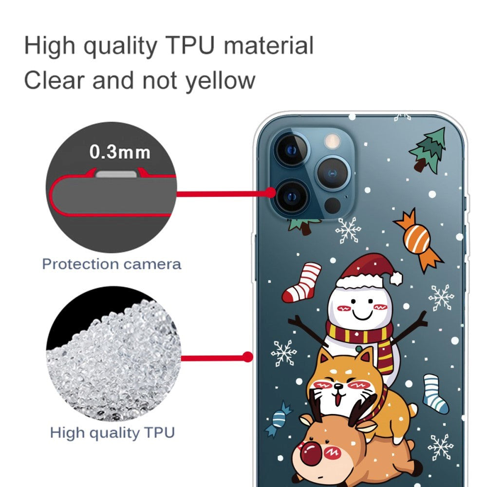 iPhone 14 Pro Fleksibel Plastik Jule Bagside Cover - Snemand, Hund og Rensdyr