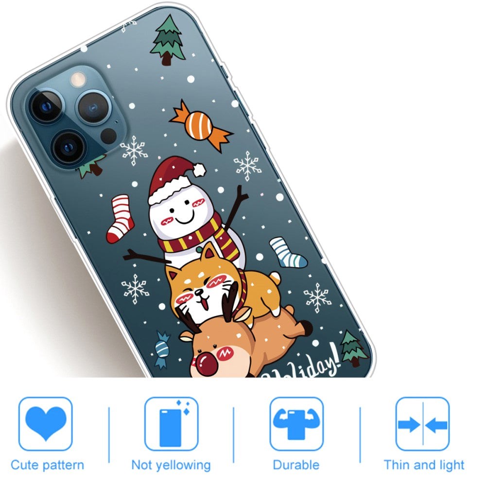 iPhone 14 Pro Fleksibel Plastik Jule Bagside Cover - Snemand, Hund og Rensdyr