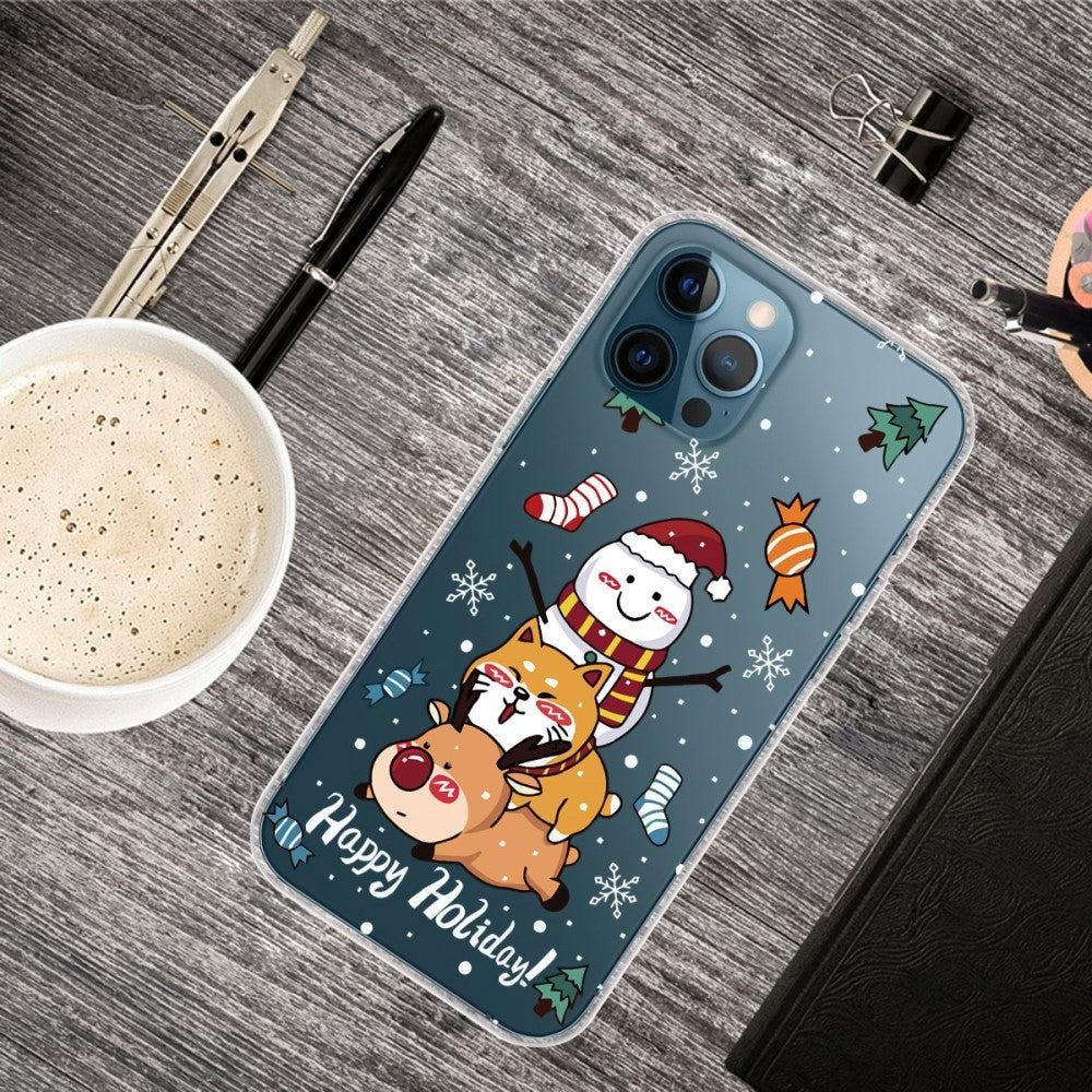 iPhone 14 Pro Fleksibel Plastik Jule Bagside Cover - Snemand, Hund og Rensdyr