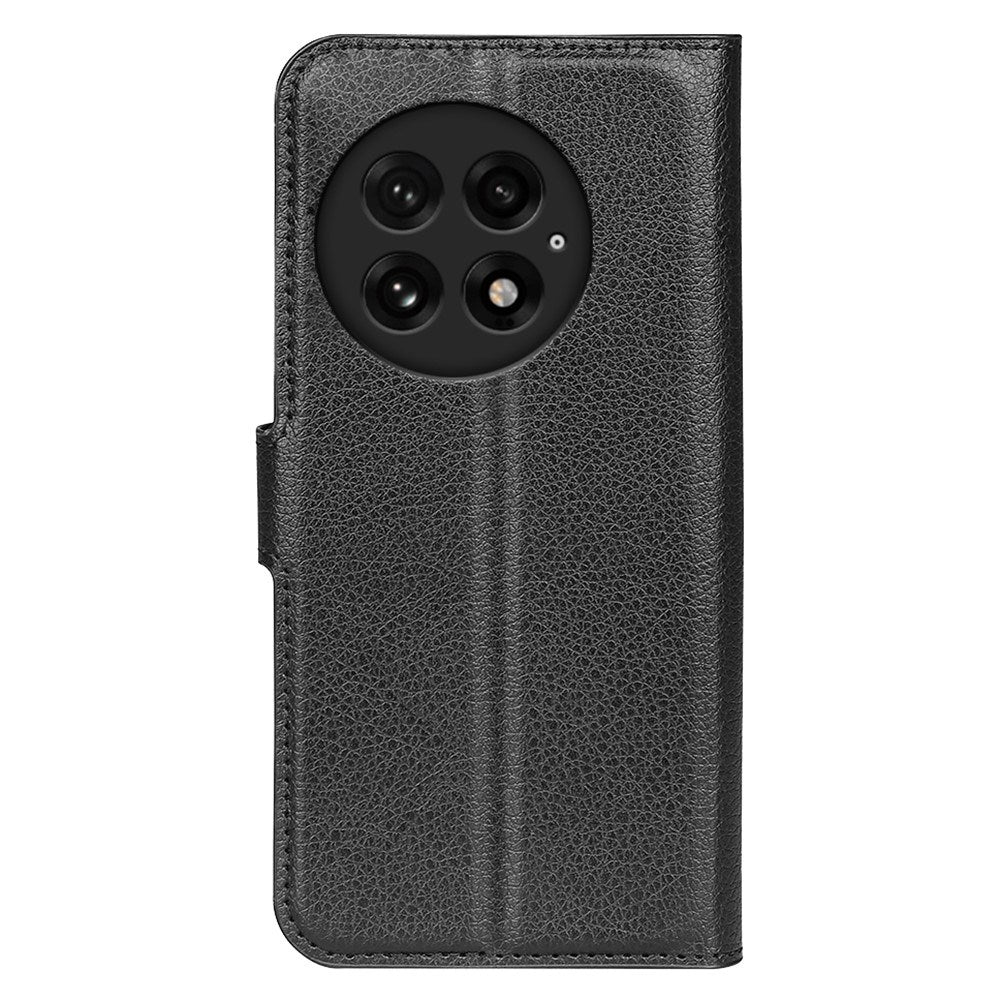 EIDERWOOD OnePlus 13 Stødresistent Læder Wallet Cover med Litchi Tekstur - Sort