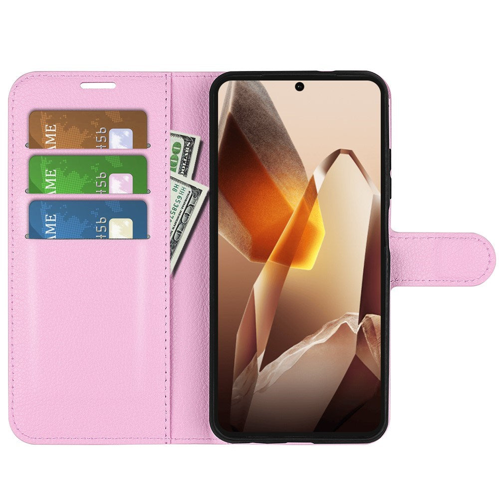 EIDERWOOD OnePlus 13 Stødresistent Læder Wallet Cover med Litchi Tekstur - Lyserød
