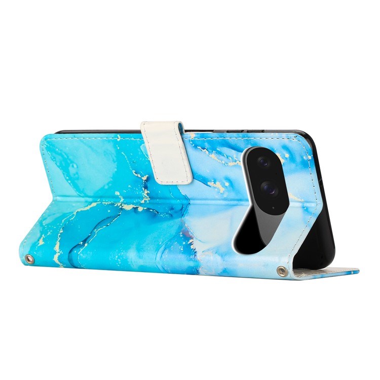 Google Pixel 10 / 10 Pro / 9 / 9 Pro - EIDERWOOD Marmor Kunstlæder Flip Cover m. Strop - Blå / Grøn