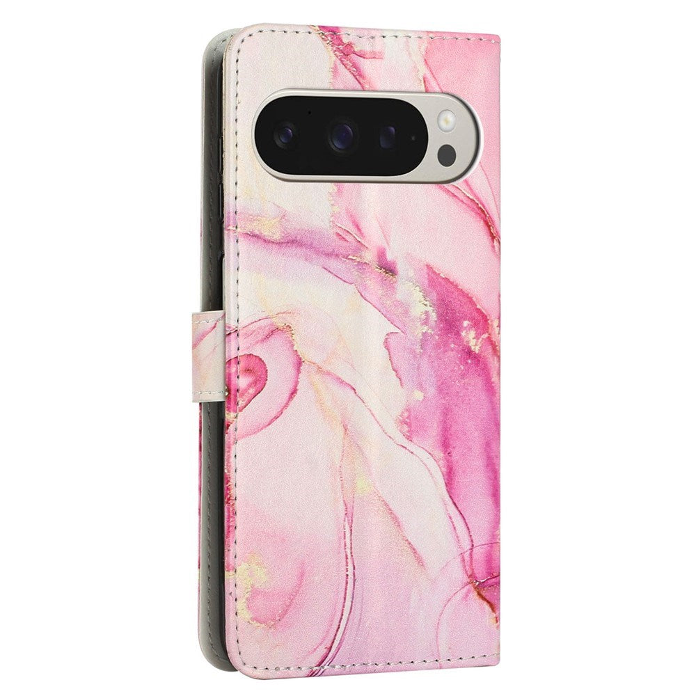 Google Pixel 10 Pro XL / 9 Pro XL - EIDERWOOD Marmormønstret Kunstlæder Flip Cover m. Strop - Lyserød