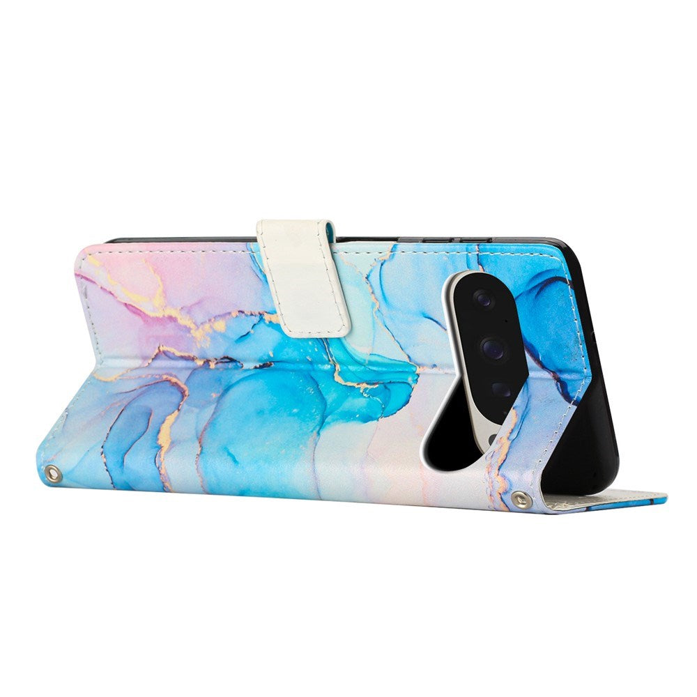 Google Pixel 10 Pro XL / 9 Pro XL - EIDERWOOD Marmormønstret Kunstlæder Flip Cover m. Strop - Lyserød / Blå