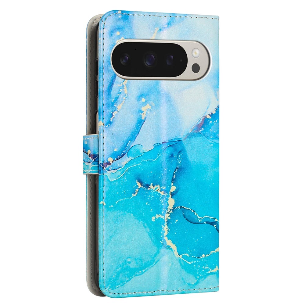 Google Pixel 10 Pro XL / 9 Pro XL - EIDERWOOD Marmormønstret Kunstlæder Flip Cover m. Strop - Blå