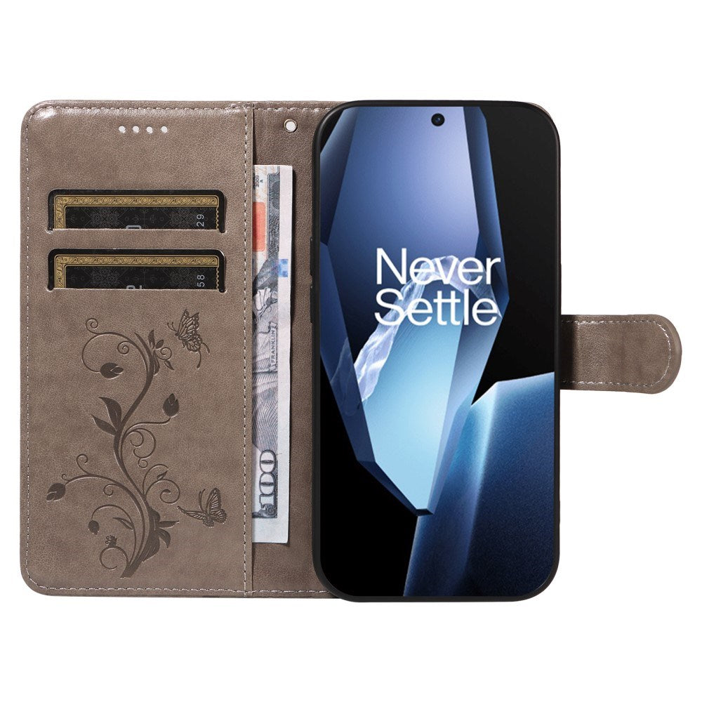 EIDERWOOD OnePlus 13R Flipcover med Indgraveret Motiv - inkl. Kortholder - Ståfunktion - Håndledsrem - Grå