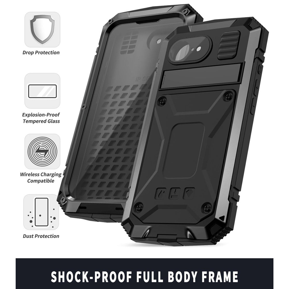 iPhone 17e / 16e R-JUST Hybrid Bagside Cover m. Indbygget Skærmbeskyttelse & Kickstand - Sort
