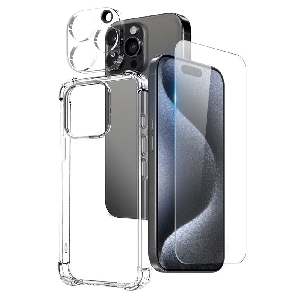 iPhone 15 Pro NORTHJO 3-i-1 Sæt inkl. Stødabsorberende Fleksibelt Plastik Cover / Hærdet Skærmbeskyttelsesglas / Kamerabeskyttelsesglas - Gennemsigtig