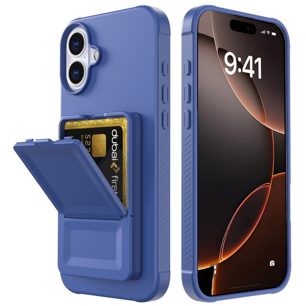 EIDERWOOD iPhone 16 Plus Fleksibelt Plastik Bagside Cover m. Kortholder & Indbygget Spejl - Blå