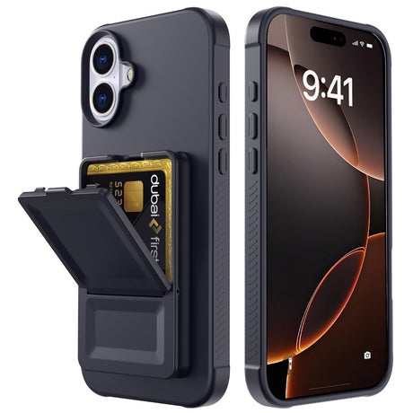 EIDERWOOD iPhone 16 Plus Fleksibelt Plastik Bagside Cover m. Kortholder & Indbygget Spejl - Sort