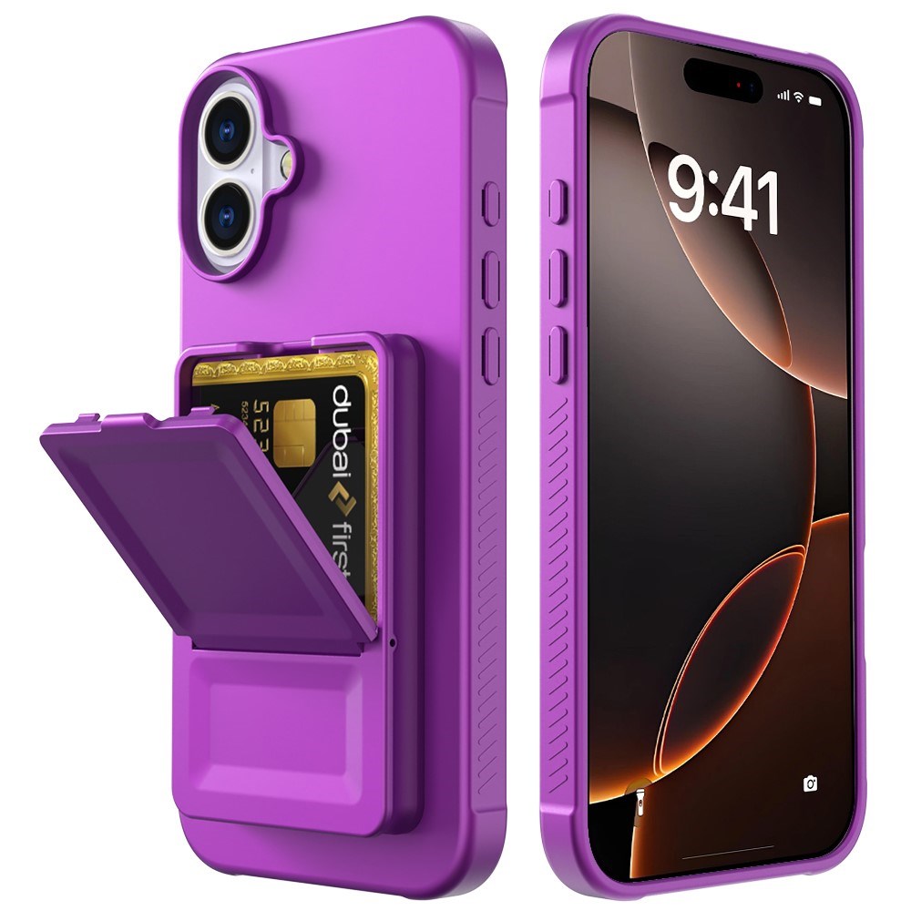 EIDERWOOD iPhone 16 Fleksibelt Plastik Bagside Cover m. Kortholder & Indbygget Spejl - Mørkelilla