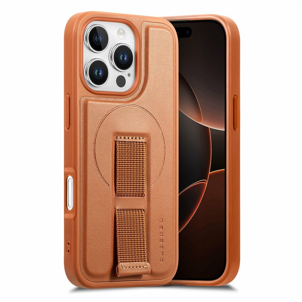 iPhone 16 Pro - Hårdt Plastik Cover m. Kunstlæder Bagside & Fingerrem - MagSafe Kompatibel - Brun