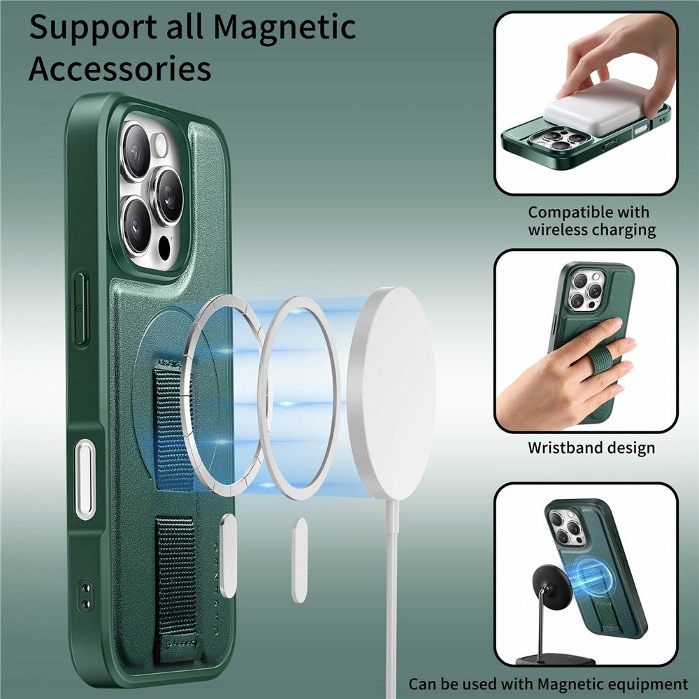 iPhone 16 Pro - Hårdt Plastik Cover m. Kunstlæder Bagside & Fingerrem - MagSafe Kompatibel - Grøn