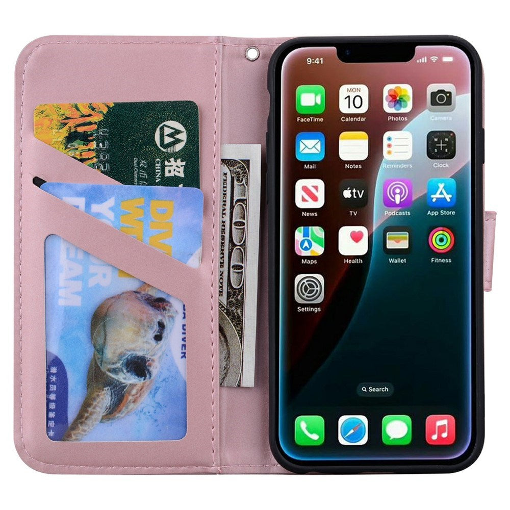 iPhone 17e / 16e Kunstlæder Flip Cover m. Figur & Ståfunktion - Lyserød