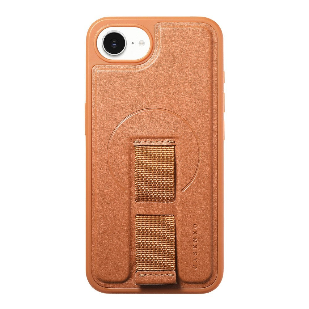 iPhone 17e / 16e - Hårdt Plastik Cover m. Kunstlæder Bagside & Fingerrem - MagSafe Kompatibel - Brun
