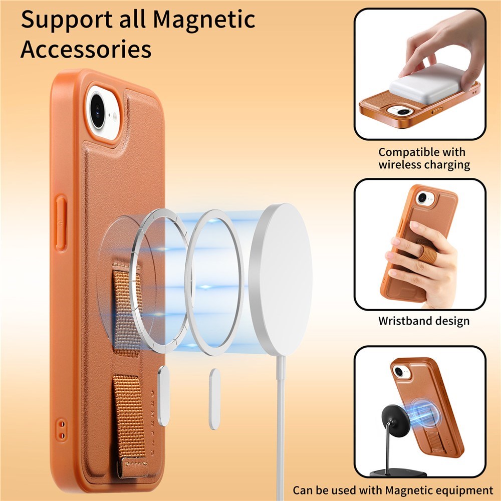 iPhone 17e / 16e - Hårdt Plastik Cover m. Kunstlæder Bagside & Fingerrem - MagSafe Kompatibel - Brun