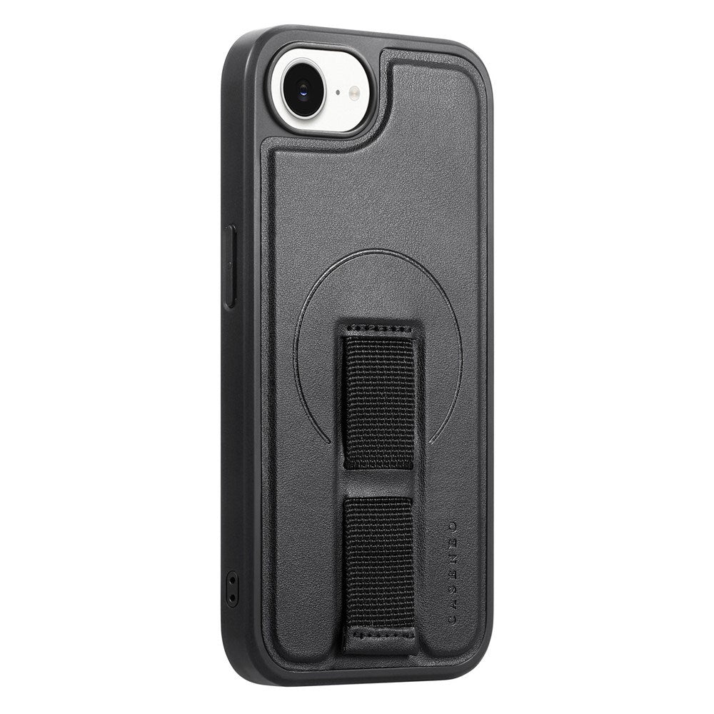 iPhone 17e / 16e - Hårdt Plastik Cover m. Kunstlæder Bagside & Fingerrem - MagSafe Kompatibel - Sort
