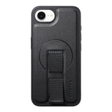 iPhone 17e / 16e - Hårdt Plastik Cover m. Kunstlæder Bagside & Fingerrem - MagSafe Kompatibel - Sort