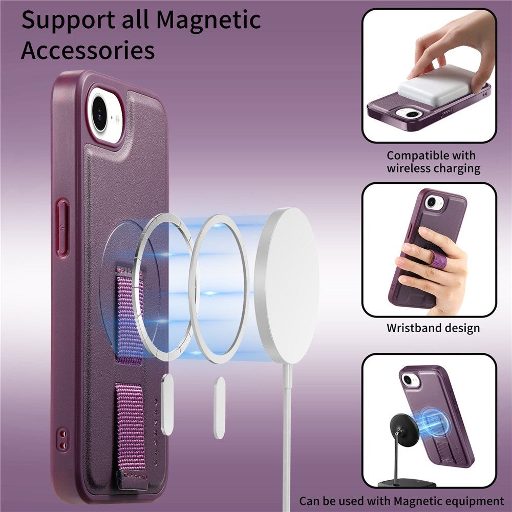 iPhone 17e / 16e - Hårdt Plastik Cover m. Kunstlæder Bagside & Fingerrem - MagSafe Kompatibel - Lilla