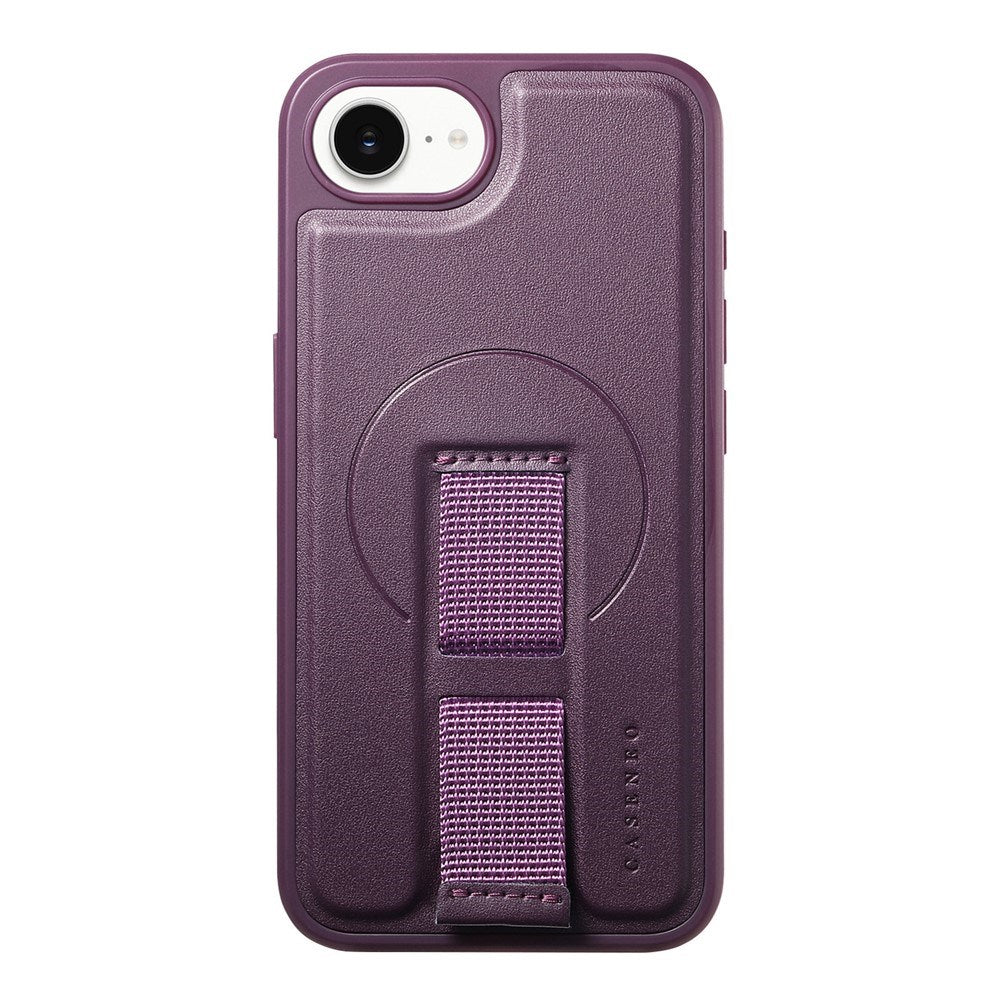 iPhone 17e / 16e - Hårdt Plastik Cover m. Kunstlæder Bagside & Fingerrem - MagSafe Kompatibel - Lilla