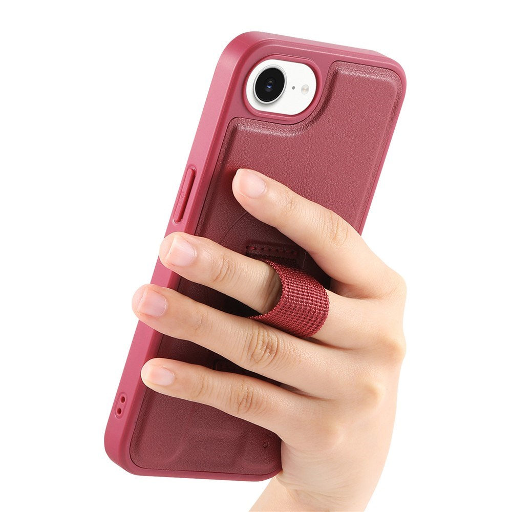 iPhone 16e - Hårdt Plastik Cover m. Kunstlæder Bagside & Fingerrem - MagSafe Kompatibel - Rød