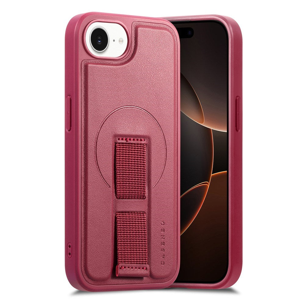 iPhone 16e - Hårdt Plastik Cover m. Kunstlæder Bagside & Fingerrem - MagSafe Kompatibel - Rød