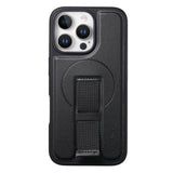 iPhone 13 Pro - Hårdt Plastik Cover m. Kunstlæder Bagside & Fingerrem - MagSafe Kompatibel - Sort