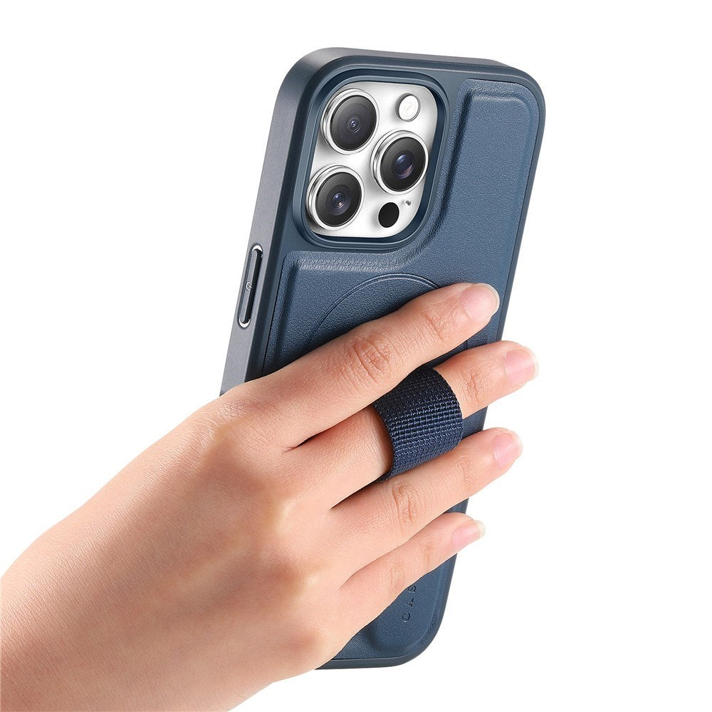 iPhone 13 Pro - Hårdt Plastik Cover m. Kunstlæder Bagside & Fingerrem - MagSafe Kompatibel - Blå