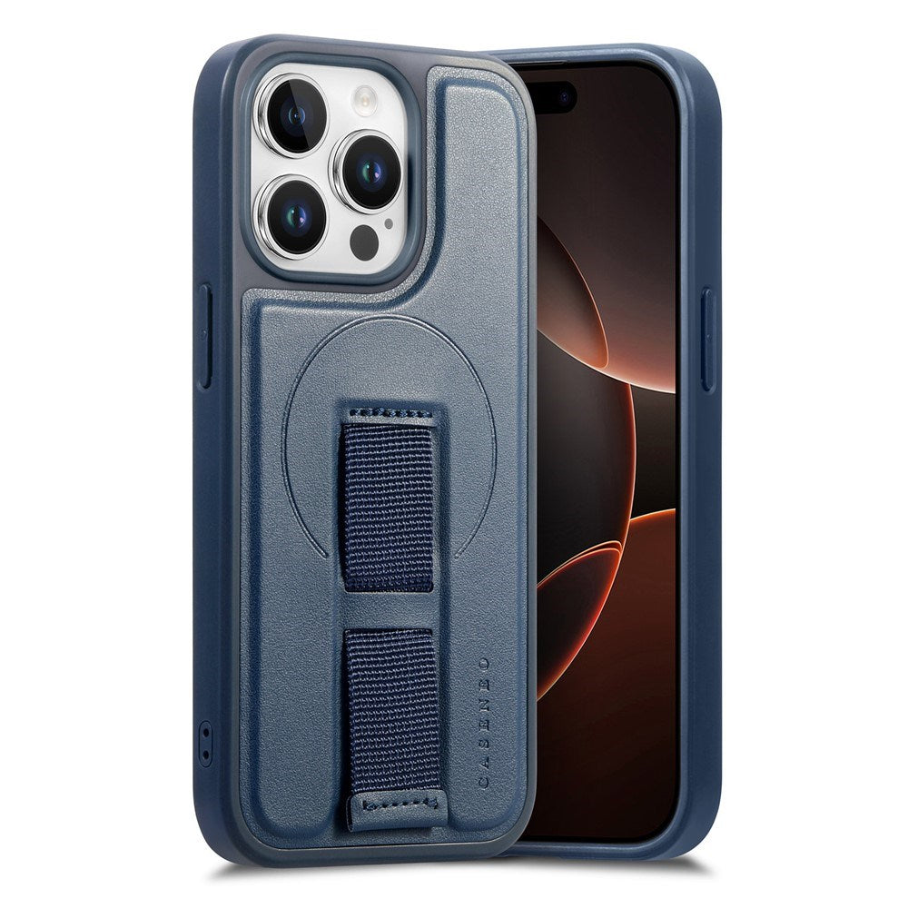 iPhone 13 Pro - Hårdt Plastik Cover m. Kunstlæder Bagside & Fingerrem - MagSafe Kompatibel - Blå