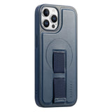 iPhone 12 / 12 Pro - Hårdt Plastik Cover m. Kunstlæder Bagside & Fingerrem - MagSafe Kompatibel - Blå